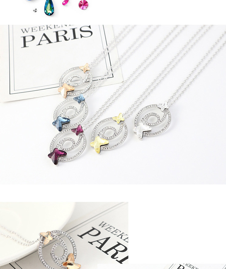 Fashion Purple Diamond And Butterfly Double Cutout Geometric Necklace,Pendants