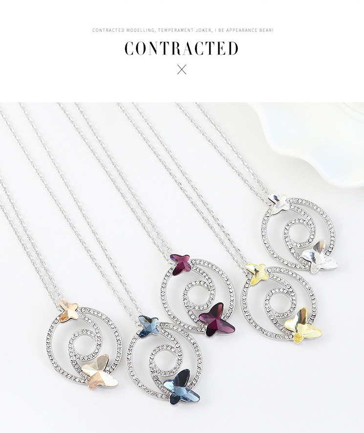 Fashion Denim Blue Diamond And Butterfly Double Cutout Geometric Necklace,Pendants