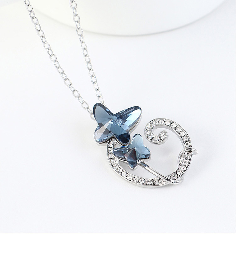 Fashion Denim Blue Geometric Double Bow Necklace With Diamonds,Pendants