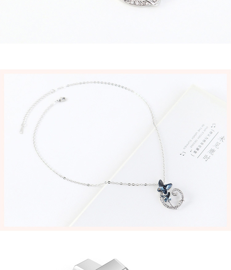 Fashion Denim Blue Geometric Double Bow Necklace With Diamonds,Pendants