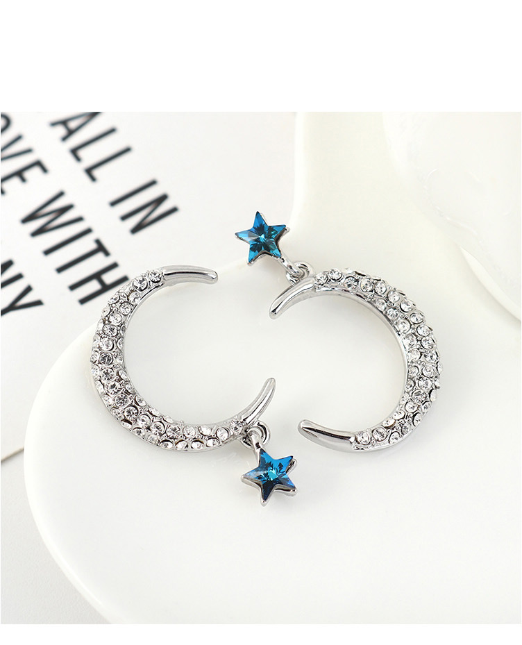 Fashion Blu-ray Diamond Pentagram Moon Ear Studs,Drop Earrings
