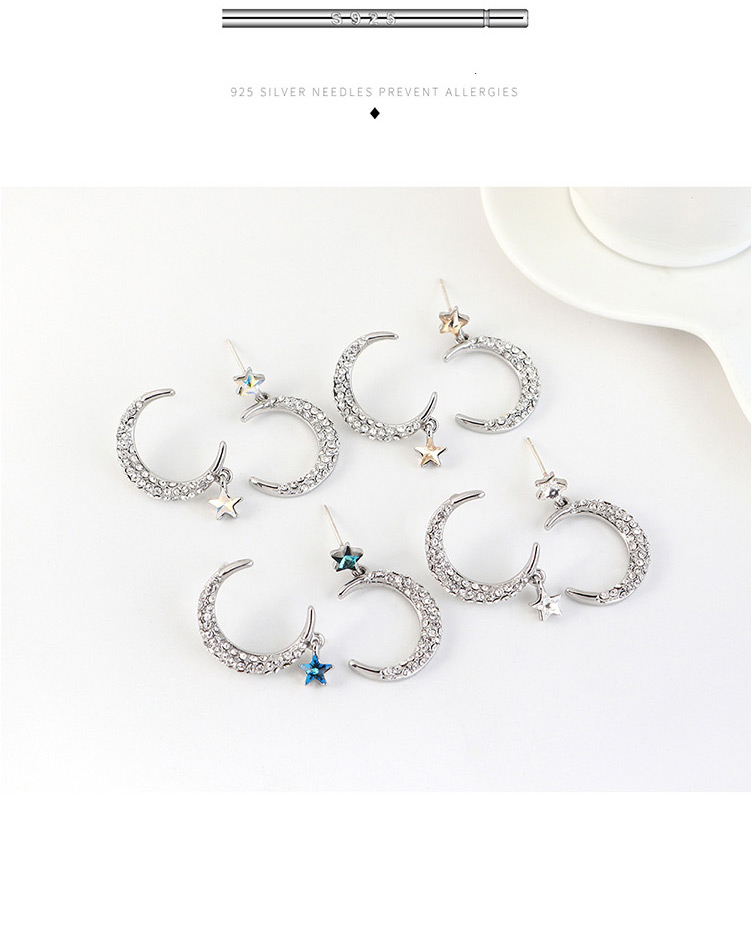Fashion Color White Diamond Pentagram Moon Ear Studs,Stud Earrings