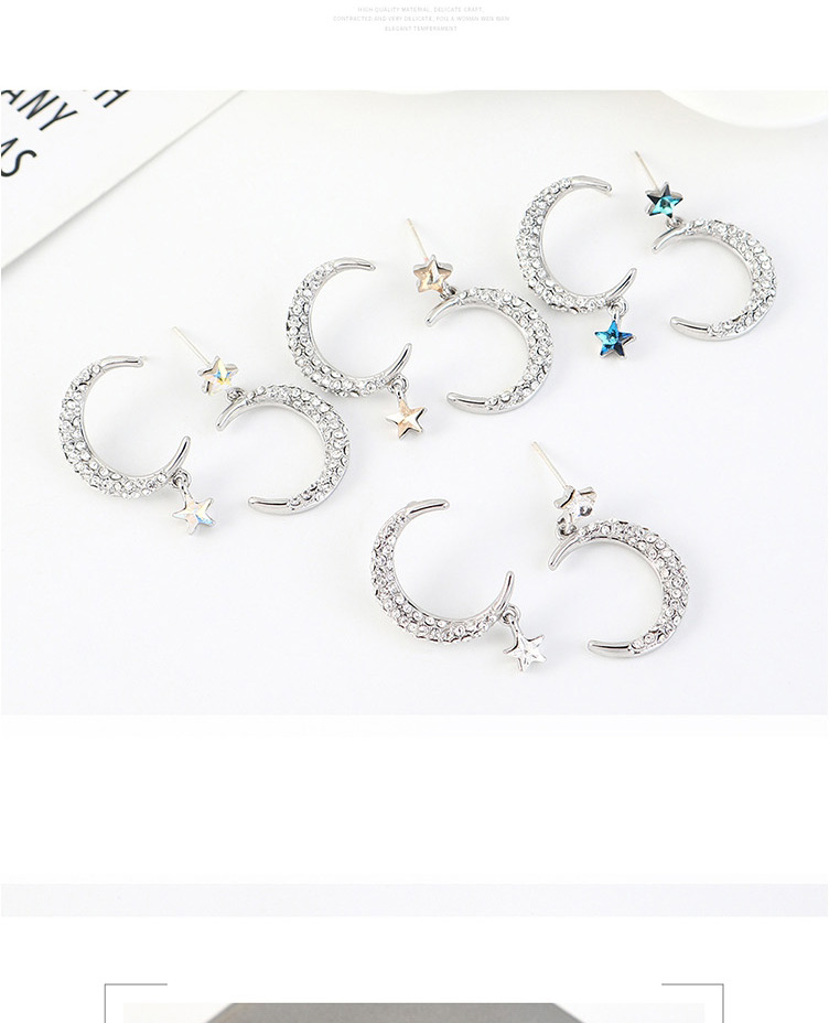 Fashion Color White Diamond Pentagram Moon Ear Studs,Stud Earrings