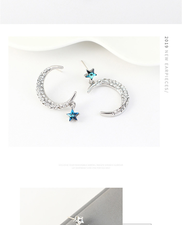 Fashion Blu-ray Diamond Pentagram Moon Ear Studs,Drop Earrings