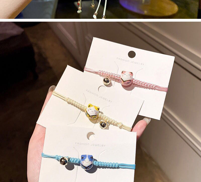 Fashion Khaki Ceramic Lucky Cat Bell Braided Rope Adjustable Bracelet,Fashion Bracelets