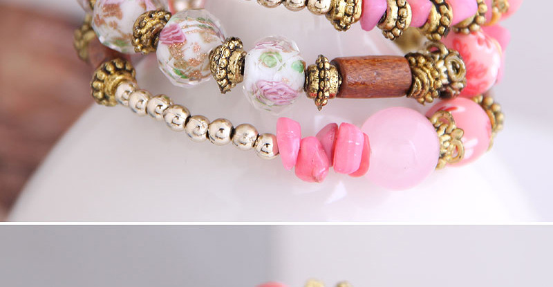 Fashion Pink Shell Round Bead Geometric Multilayer Bracelet,Fashion Bracelets