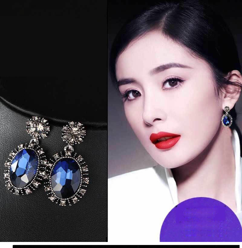 Fashion Royal Blue Geometrical-shaped Gem-set Snowflake Alloy Earrings,Drop Earrings