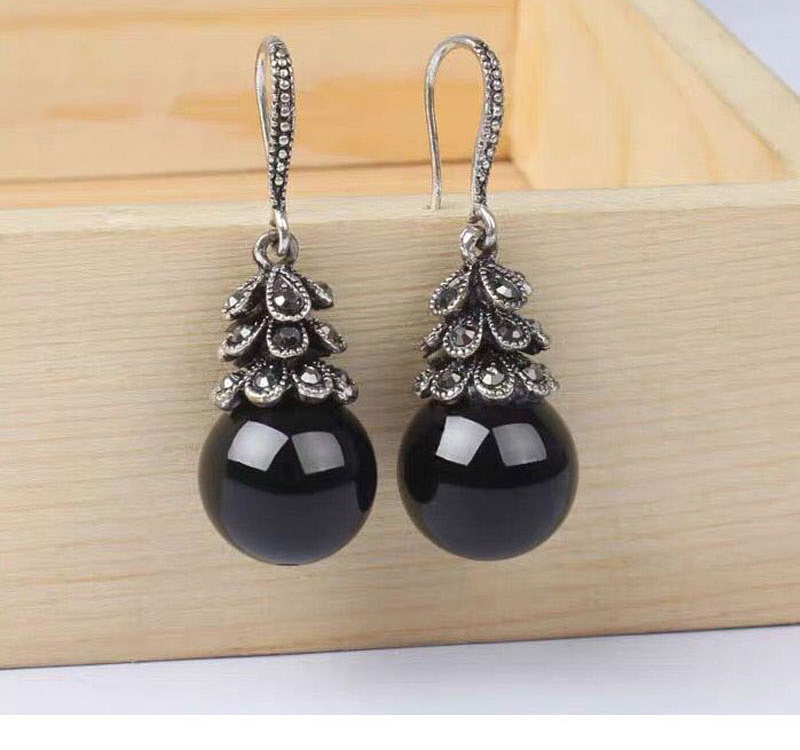 Fashion Black Petal Agate And Diamond Geometric Alloy Earrings,Drop Earrings