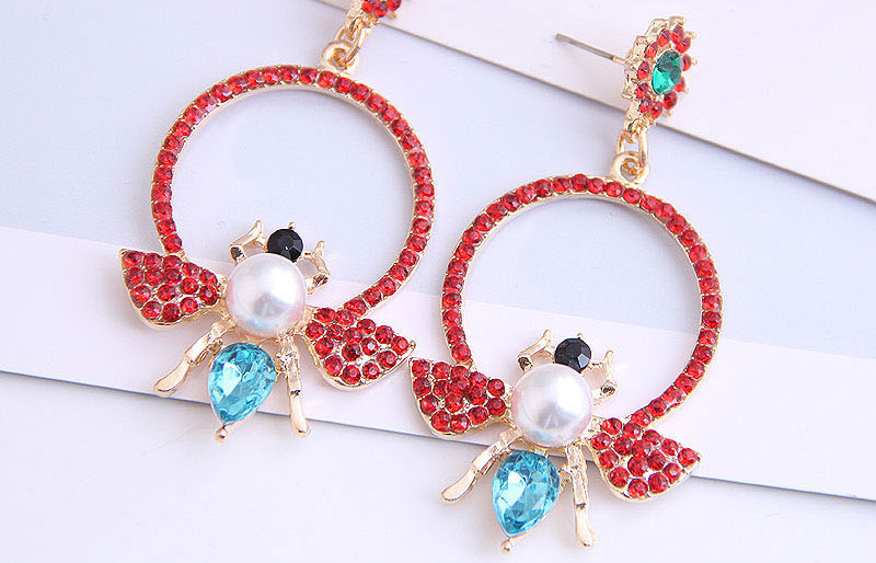 Fashion Red Metal Ring Bee And Diamond Pearl Earrings,Drop Earrings