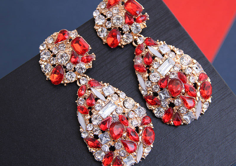 Fashion Red Diamond-set Metal Drop Earrings,Drop Earrings