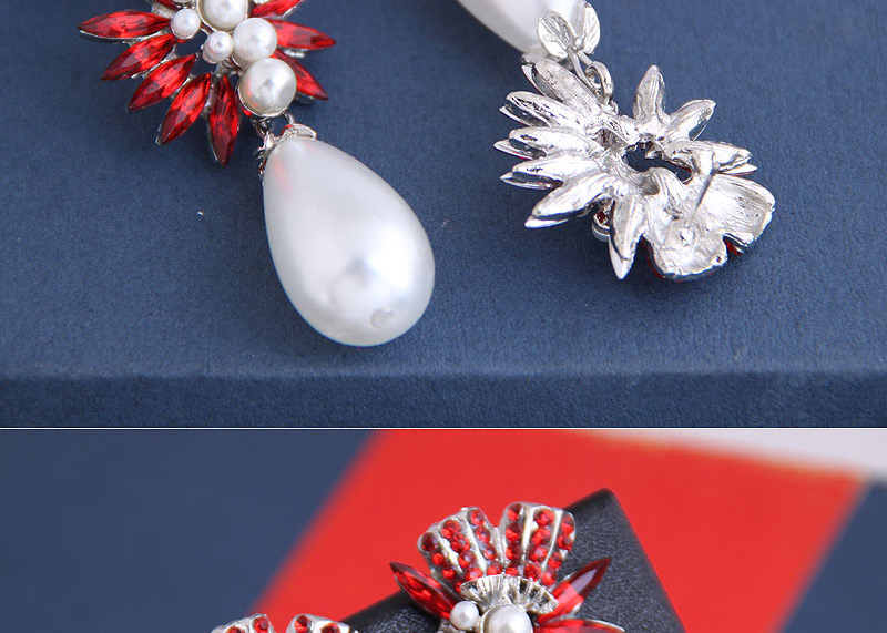 Fashion Royal Blue Diamond Pearl Flower Alloy Drop Earrings,Drop Earrings