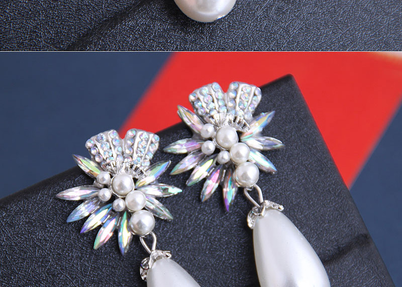 Fashion Royal Blue Diamond Pearl Flower Alloy Drop Earrings,Drop Earrings