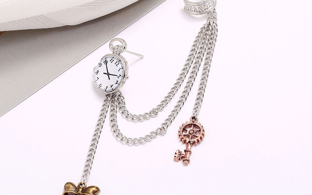 Fashion Silver Single Ear Clip With Bow And Clock Key Chain,Clip & Cuff Earrings