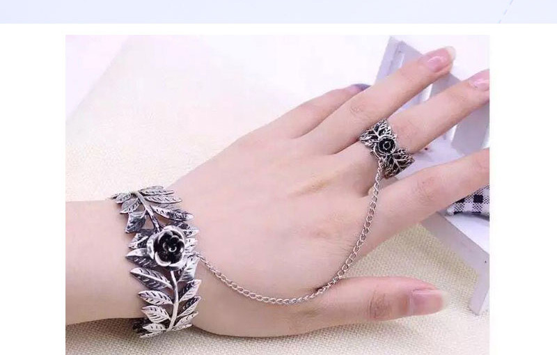 Fashion Silver Rose Flower Leaf Open Chain Ring Bracelet,Fashion Bangles
