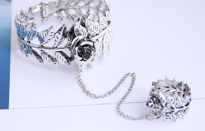 Fashion Silver Rose Flower Leaf Open Chain Ring Bracelet,Fashion Bangles