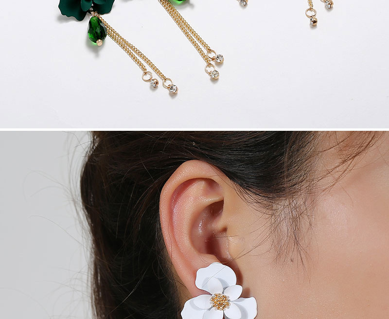 Fashion Dark Green Resin Flower Crystal Diamond Tassel Alloy Earrings,Stud Earrings