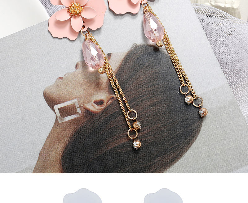 Fashion Pink Resin Flower Crystal Diamond Tassel Alloy Earrings,Stud Earrings