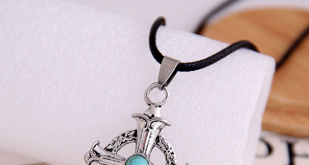 Fashion Silver Cross Turquoise Round Hollow Alloy Mens Necklace,Pendants