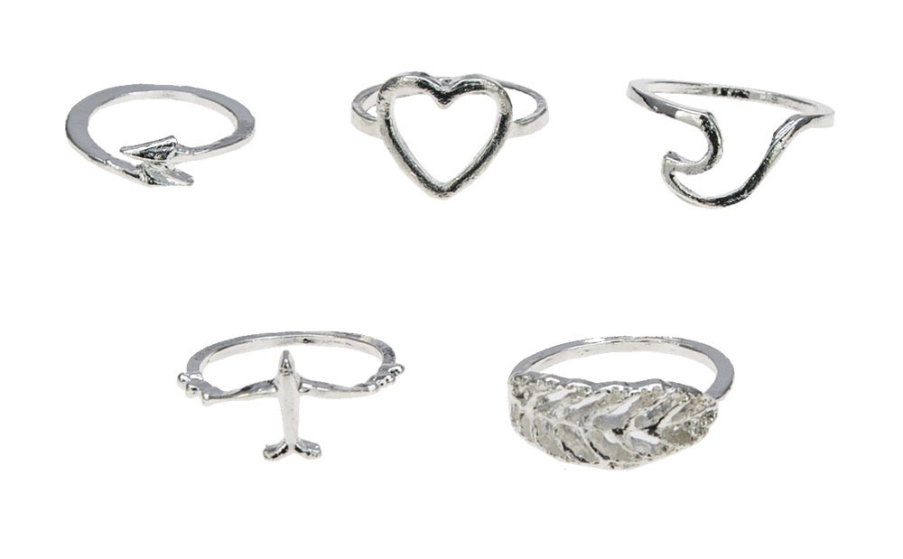 Fashion Silver Aircraft Love Leaf Alloy Hollow Ring Set,Rings Set