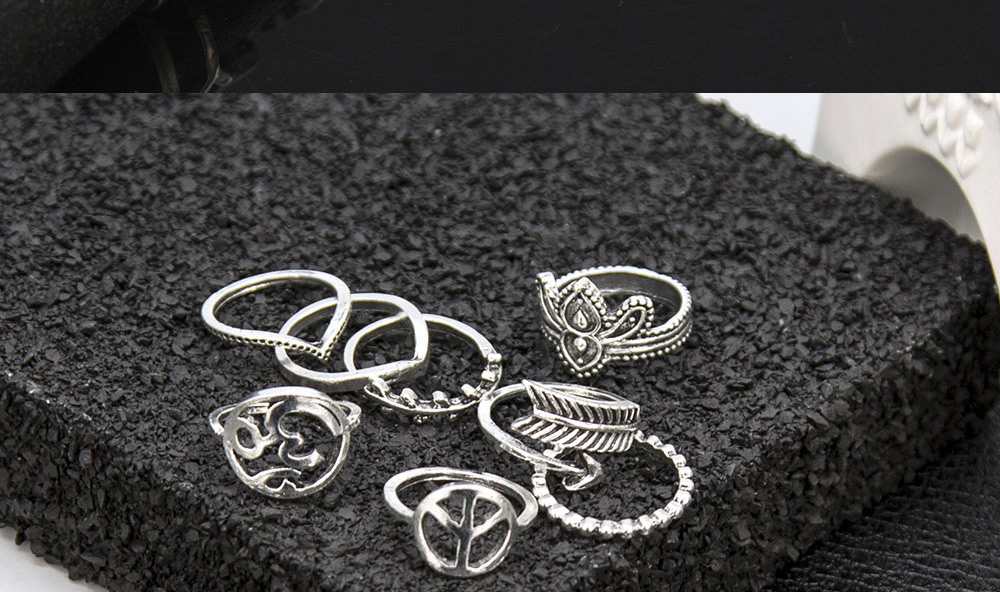 Fashion Silver Love Leaf Feather Palm Alloy Hollow Ring Set,Rings Set