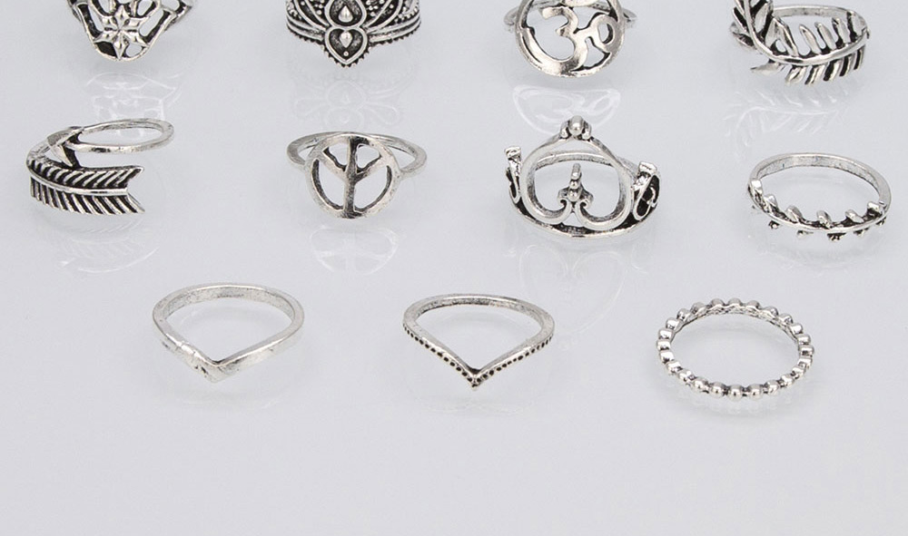 Fashion Silver Love Leaf Feather Palm Alloy Hollow Ring Set,Rings Set