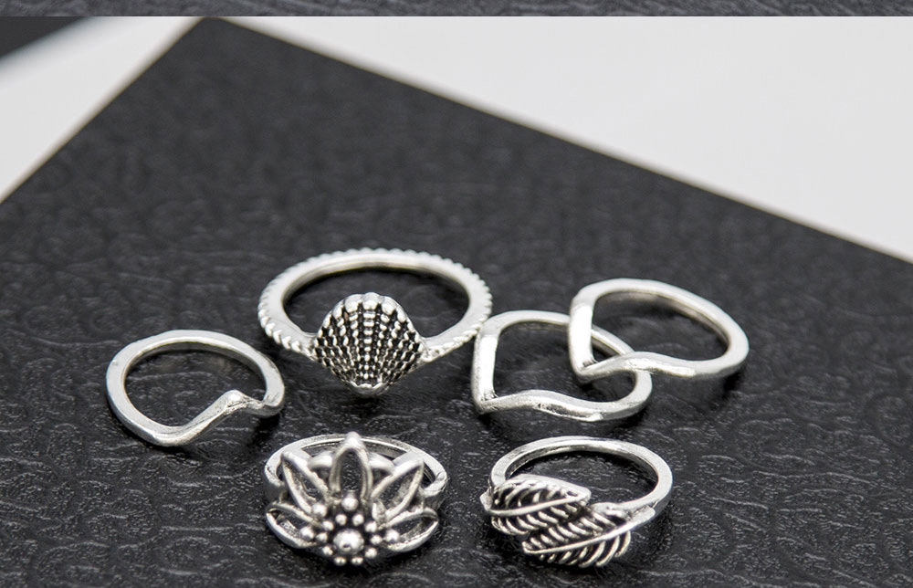 Fashion Silver Leaf Starfish Feather Shell Geometric Alloy Ring Set,Rings Set