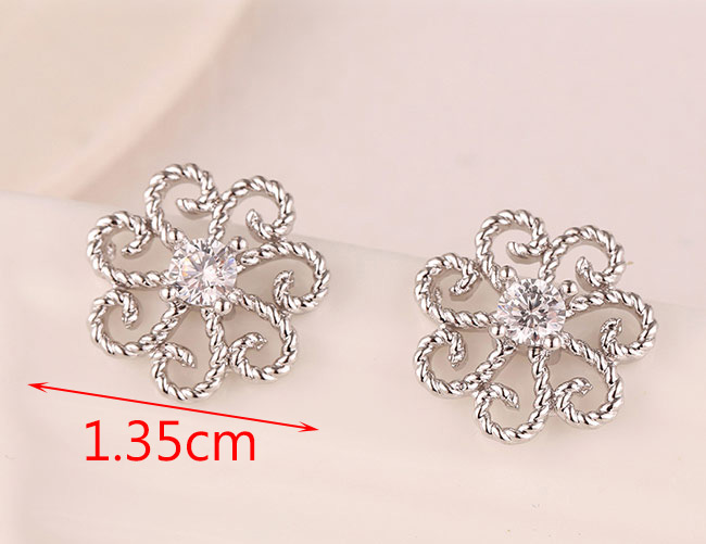 Fashion Silver Hollow Alloy Earrings With Diamond Flowers,Stud Earrings