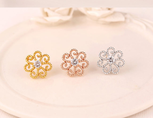 Fashion Rose Gold Hollow Alloy Earrings With Diamond Flowers,Stud Earrings