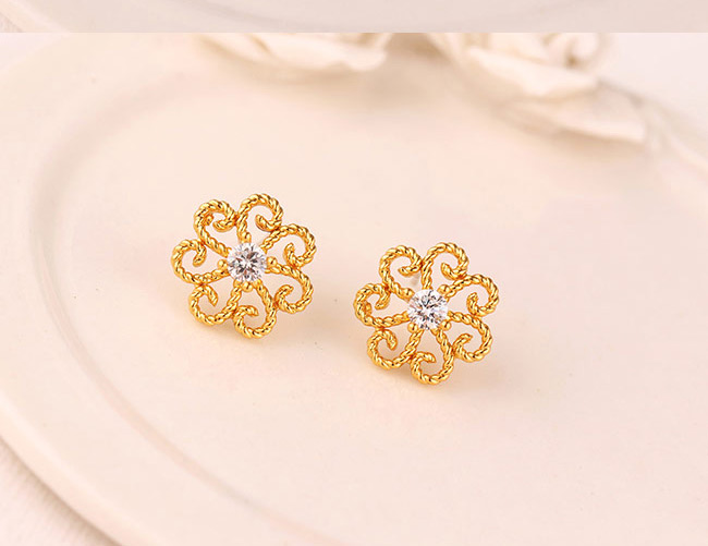 Fashion Golden Hollow Alloy Earrings With Diamond Flowers,Stud Earrings