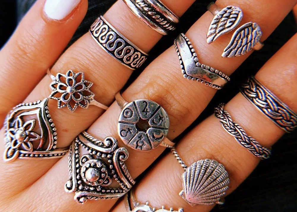 Fashion Silver Wing Shell Round Alloy Geometric Ring Set,Rings Set