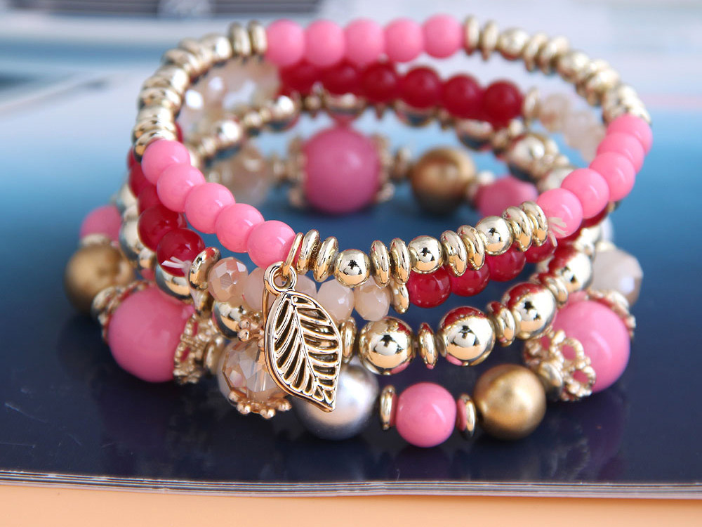 Fashion Pink Crystal Bead Alloy Leaf Multi-layer Bracelet,Fashion Bracelets