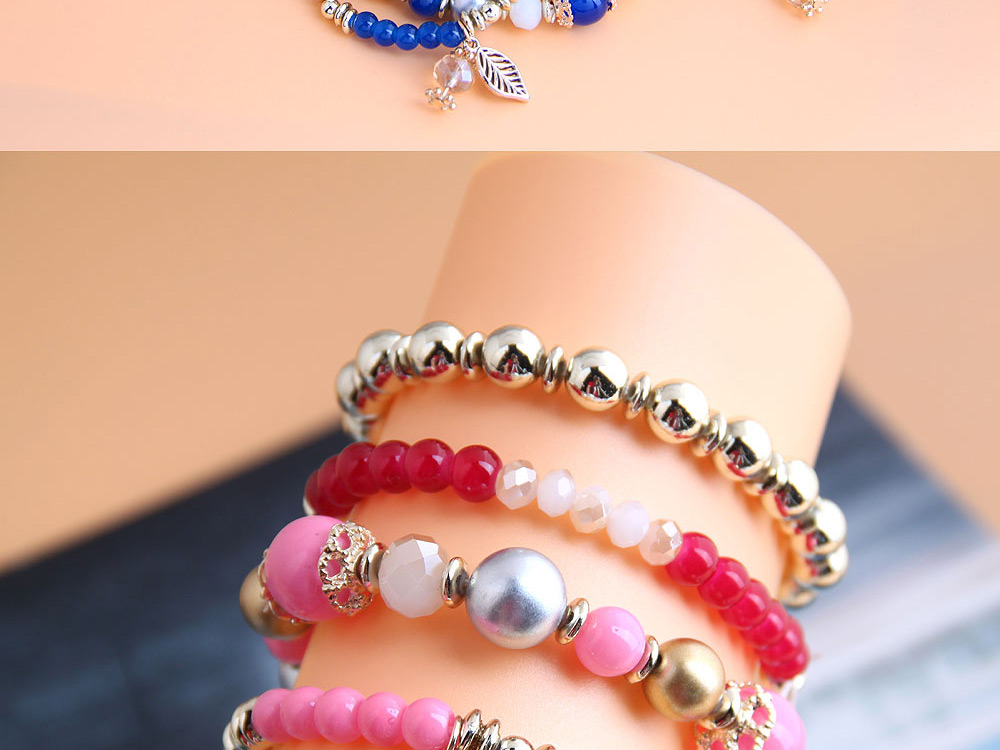 Fashion Pink Crystal Bead Alloy Leaf Multi-layer Bracelet,Fashion Bracelets