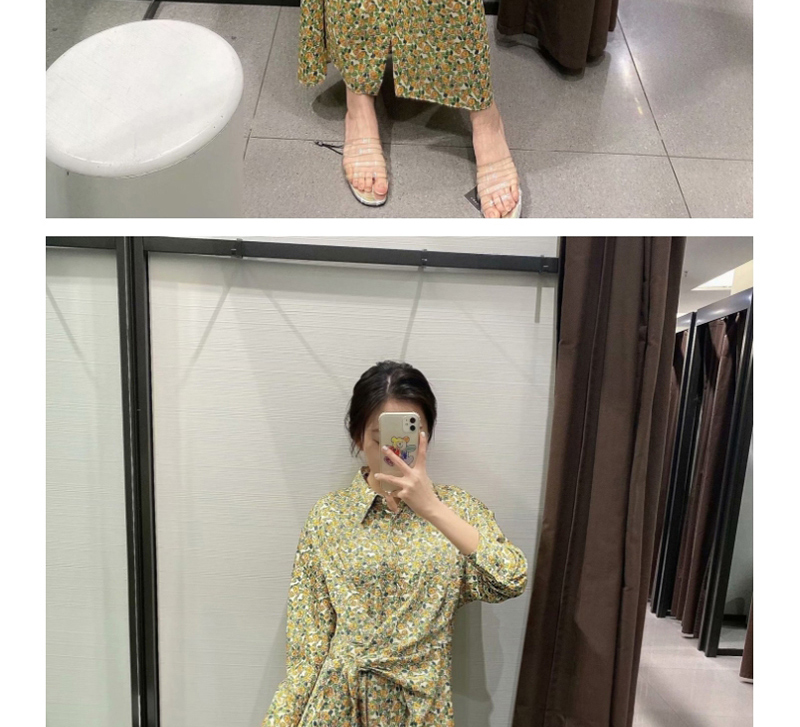 Fashion Green Single-breasted Dress With Flower Shirt And Lapel Collar,Long Dress