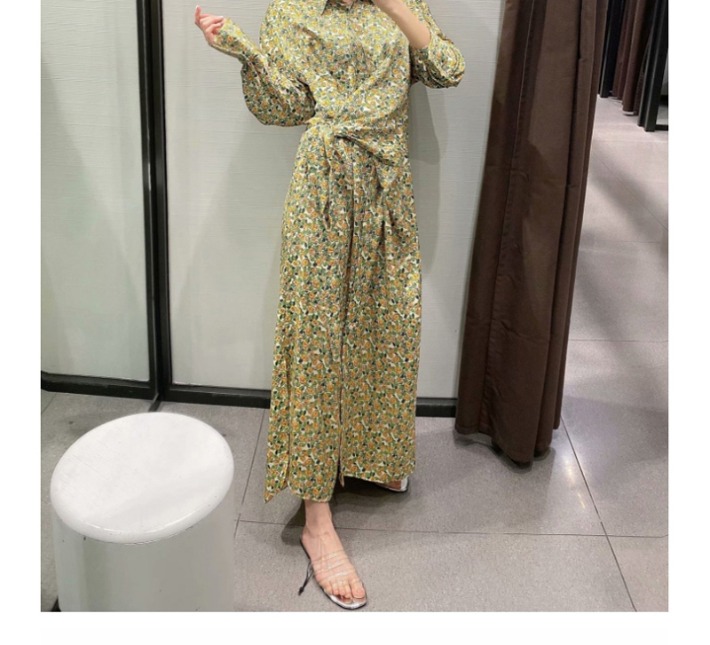 Fashion Green Single-breasted Dress With Flower Shirt And Lapel Collar,Long Dress