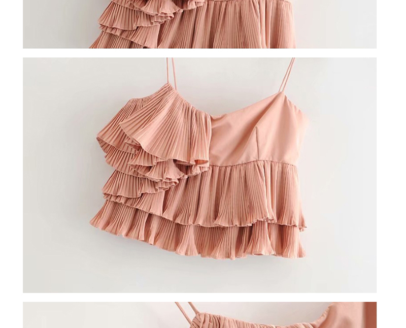 Fashion Pink Small Pleated Camisole With Stacked Ruffles,Tank Tops & Camis
