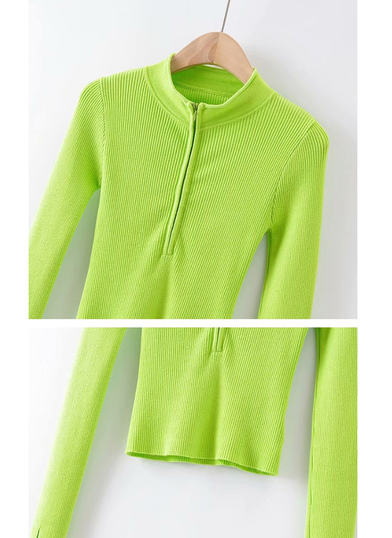 Fashion Fluorescent Green Half Turtleneck Zipper Knitted T-shirt,Tank Tops & Camis