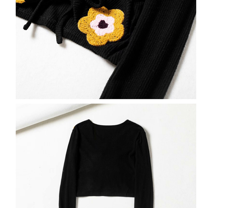 Fashion Black V-neck Drawstring Embroidered Flower Short Sweater,Sweater