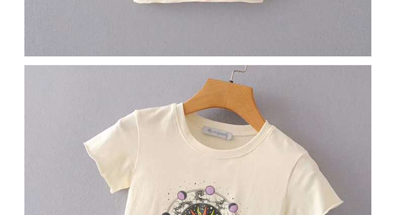 Fashion Beige Flower Print Short Sleeve T-shirt,Hair Crown
