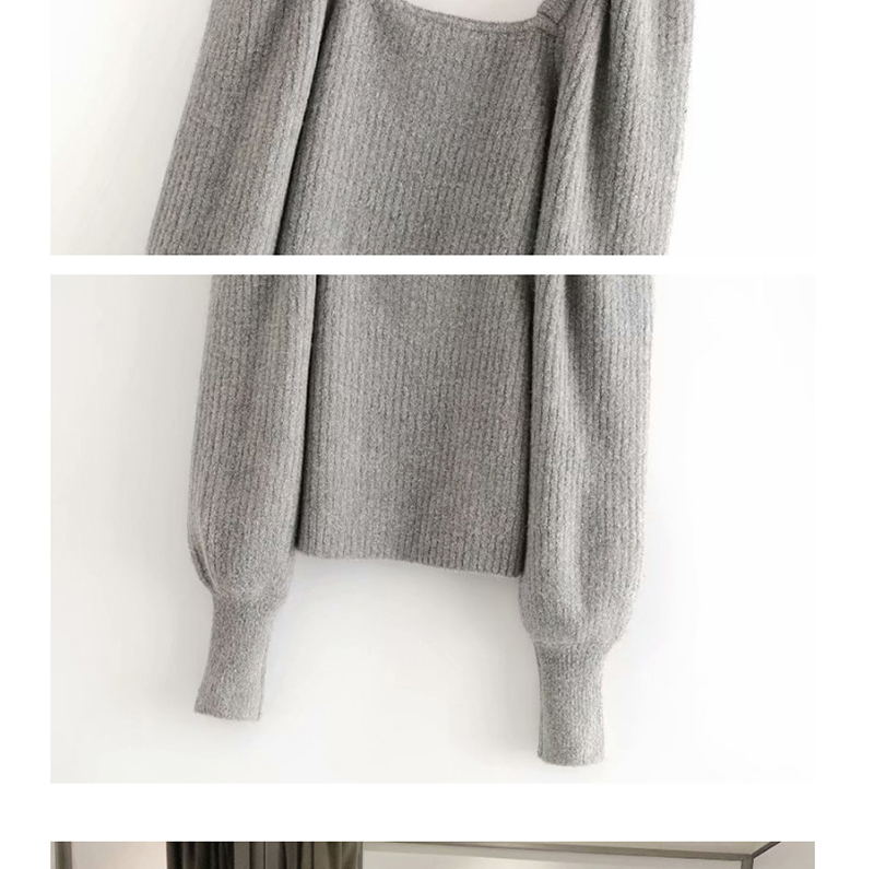 Fashion Gray Round Neck Lantern Sleeve Knit Sweater,Sweater