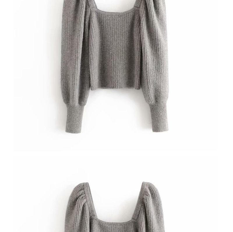 Fashion Gray Round Neck Lantern Sleeve Knit Sweater,Sweater