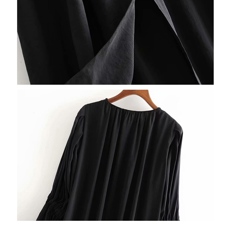 Fashion Black V-neck Dress With Puff Sleeves,Long Dress