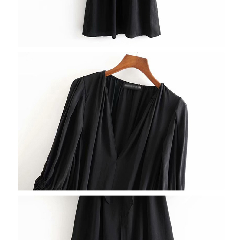 Fashion Black V-neck Dress With Puff Sleeves,Long Dress