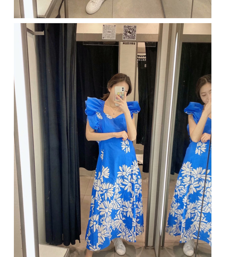 Fashion Blue Printed Poplin Ruffle Dress,Long Dress