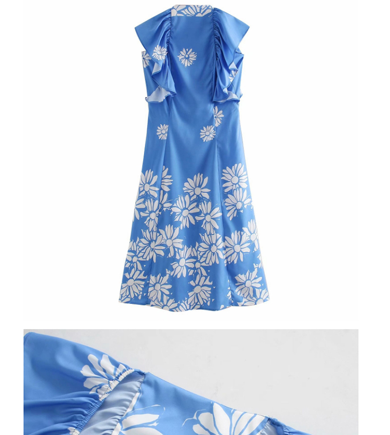Fashion Blue Printed Poplin Ruffle Dress,Long Dress
