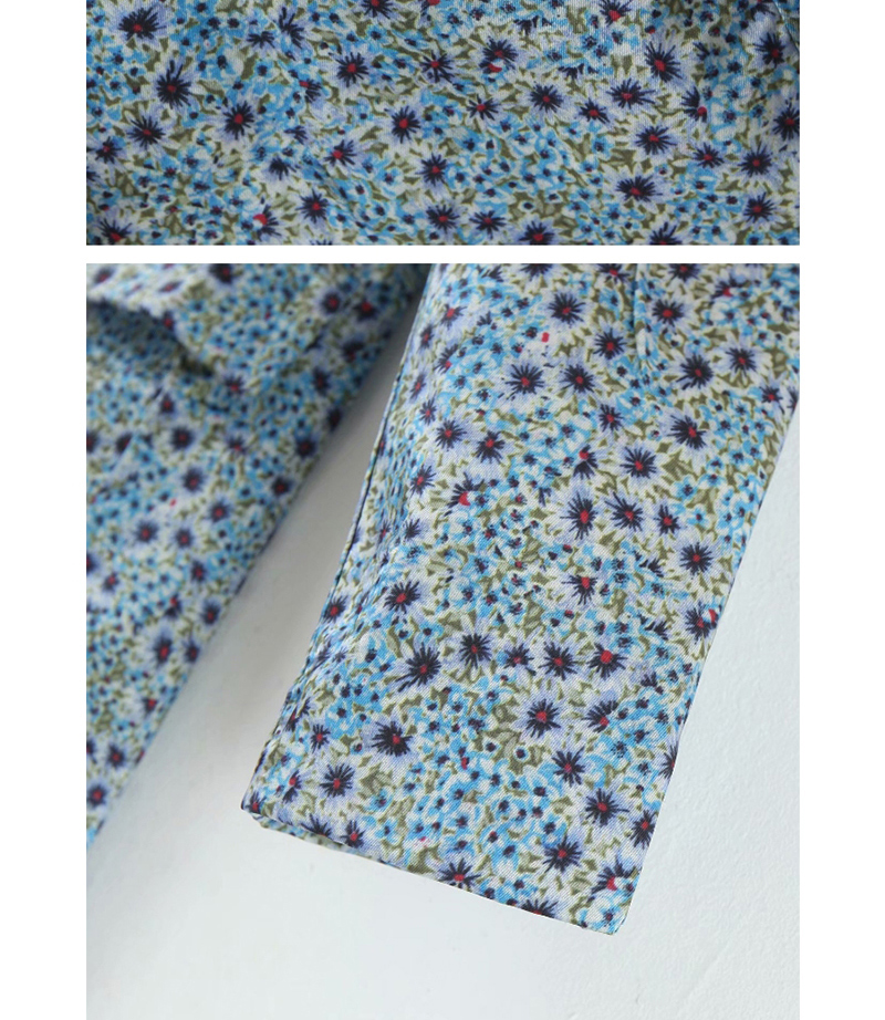 Fashion Blue Floral Print Lapel Small Suit,Coat-Jacket