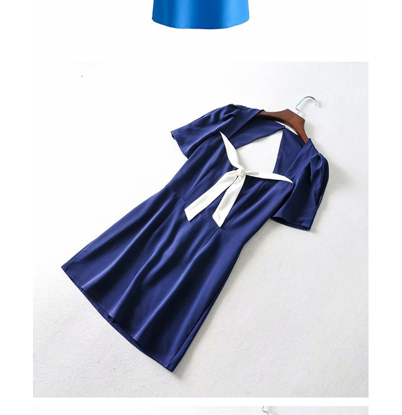 Fashion Blue Colorblock Square Collar Backless Lace Dress,Mini & Short Dresses