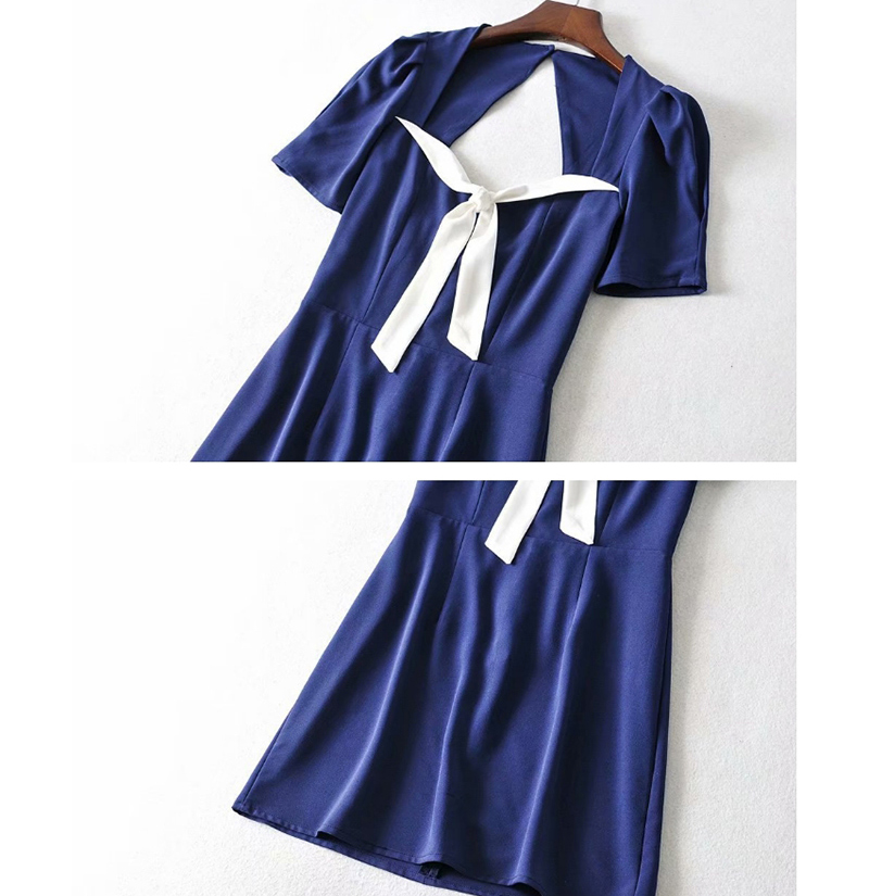 Fashion Blue Flower On White Colorblock Square Collar Backless Lace Dress,Mini & Short Dresses
