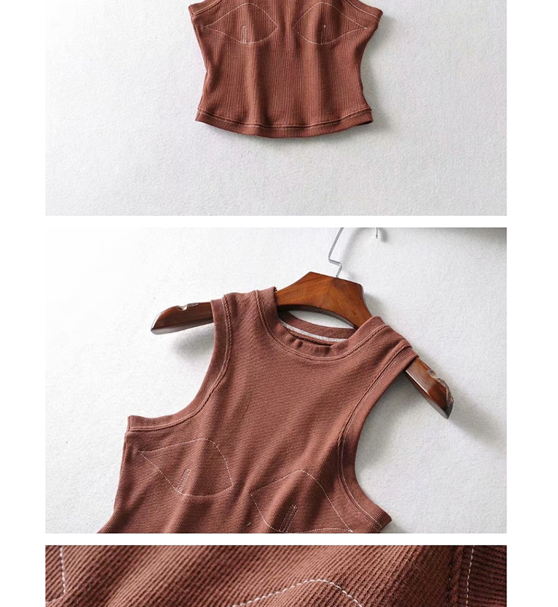 Fashion Rust Red Sleeveless Tank With Color Stitching,Tank Tops & Camis