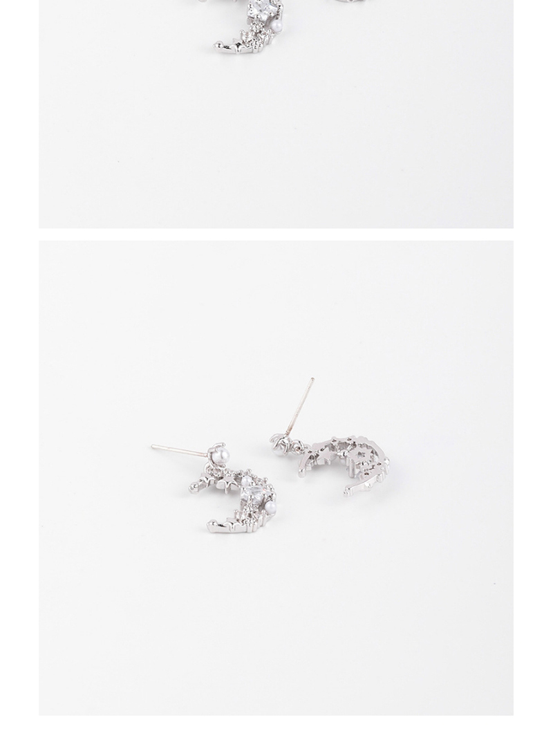 Fashion Silver Moon Pearl Earrings With  Silver Pins And Micro Diamonds,Stud Earrings