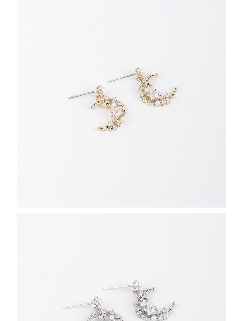 Fashion Silver Moon Pearl Earrings With  Silver Pins And Micro Diamonds,Stud Earrings